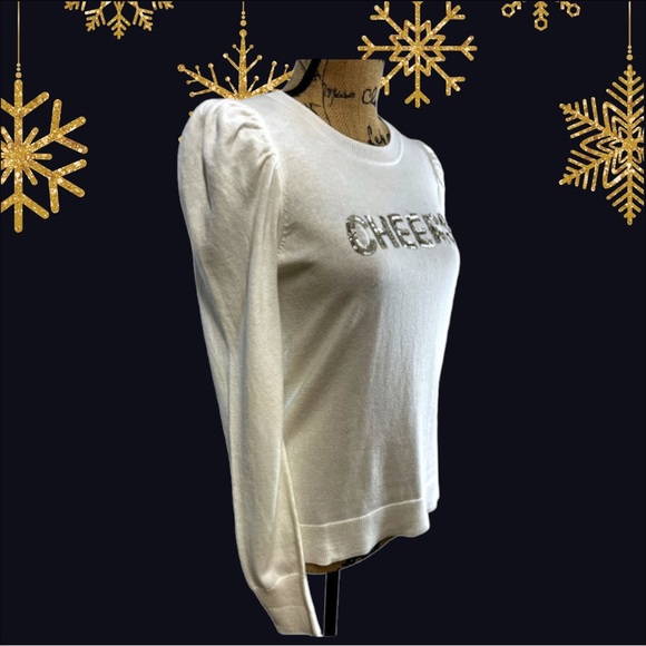 CHEERS Silver Sequin lightweight white long puff sleeves sweater NEW WITH TAGS - Picture 4 of 11